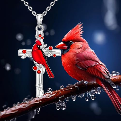 Fenthring Red Cardinal Necklace Sterling Silver Cross Cardinal Necklaces for Women Pendant Memorial Sympathy Bird Charms Mothers Day Christmas Gifts3