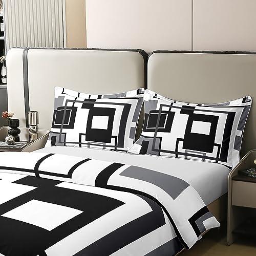 Homewish 100% Cotton Black White and Grey Comforter Cover Double for Adults Men,Abstract Geometric Bedding Set Square Striped Duvet Cover Simple Lines Quilt Cover 2 Pillow Cases Modern Bedroom Decor - Image 4