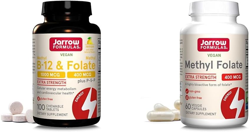 Jarrow Formulas Methyl B-12 1000 mcg & Methyl Folate 400 mcg Chewable Tablets and Methyl Folate 400 mcg Veggie Capsules Bundle for Cellular Energy, Cardiovascular and Neurologic Support