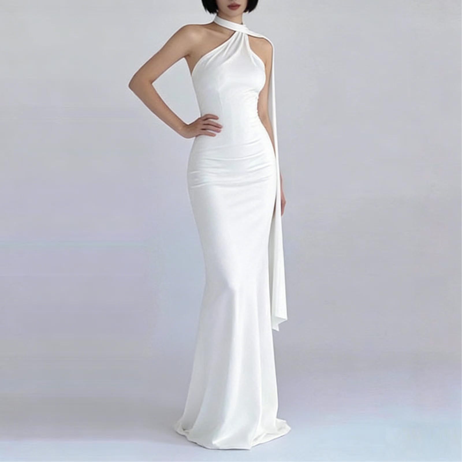 Abito Donna Halter Raso Maxi Nastro Drape Sirena da Sera, Liscio Opaco per Il Matrimonio-White-m