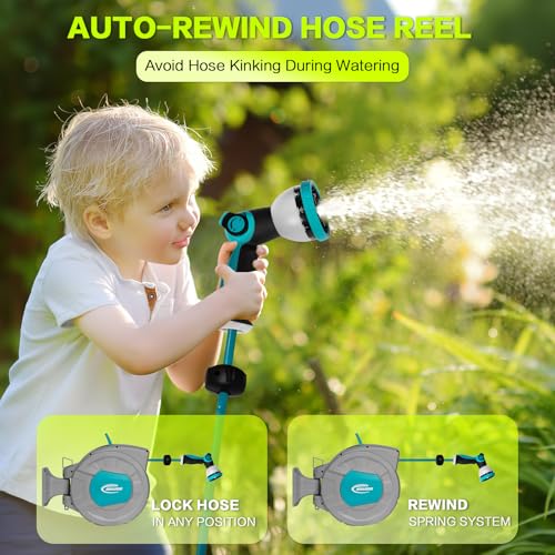 MOLACHI Retractable Garden Hose Reel, 1/2 Inch x 100 ft Wall Mounted Hose Reel, with 9- Function Sprayer Nozzle, Any Length Lock, Return System and 180 Deg Swivel Bracket