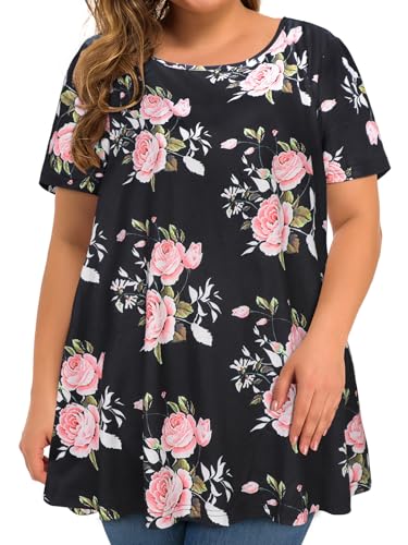 Image of Womens Plus Size Tops Short Sleeve Oversized Tshirt(Black Pink Rose,4XL)
