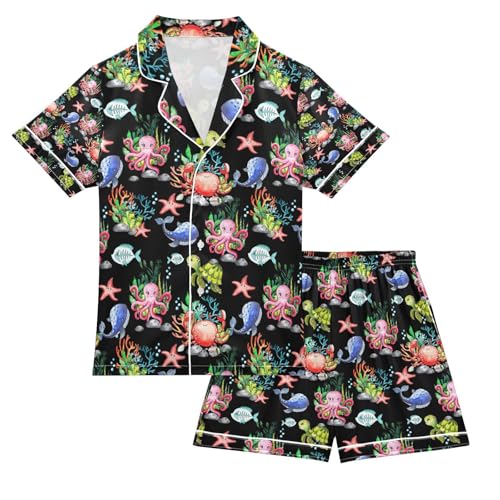 senya Cute Whale Octopus Starfish Satin Summer Pajama Sets Silk Short Sleeve Button Down Sleepwear