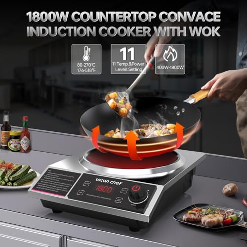 leconchef Induction Cooker with Wok 1800W Professional Electric Induction Burner with 11-Level Setting for Cooking,24-hour Timer and Preset,Keep warm,14\" Carbon Steel Wok Included