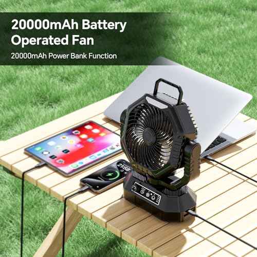 AJVV Camping Fan, 20000mAh Rechargeable Battery Fan with Stepless Wind Speed, Rechargeable Personal Desk USB with Hanging Hook/Light/Power Bank, for Home Outdoor Travel Fishing - Black - Image 4
