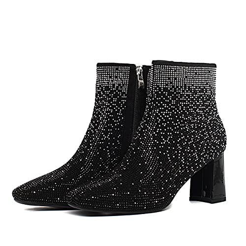Coollulu Women's Rhinestone Boots Pointed Toe Block Heel Sparkly Zip Up Ankle Boots Black Us 8 #TOP2