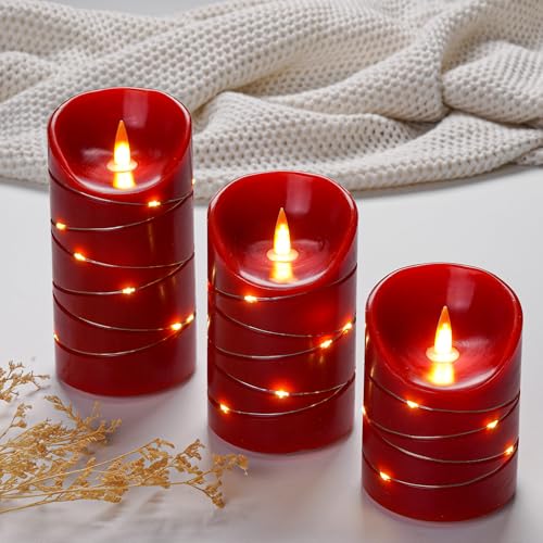 Image of Rechargeable LED Candles, Real Wax, 4 5 6 in,Red, 3 Pack | USB Rechargeable Real Wax Candles with Remote, Timer and Star Lights