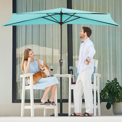 JEAREY 9ft Half Umbrella Outdoor Patio Umbrella Market Umbrella with Crank, 1/2 Round Wall Umbrella 5 Sturdy Ribs UV Protection for Pool Garden Balcony Deck, Peacock Blue