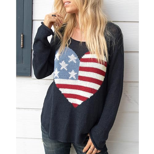 Image of Women American Flag Sweater Loose Vintage USA Sweatshirt Long Sleeve Crewneck Hollow Out 4th of July Jumper