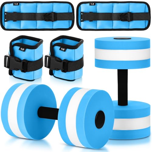 Hollowfly Water Aerobics Set, 4 Piece Pool Exercise Kit (2 Aquatic Dumbbells + 2 Ankle/wrist Weights), EVA Foam, Low-impact Workout(Blue,1lb)