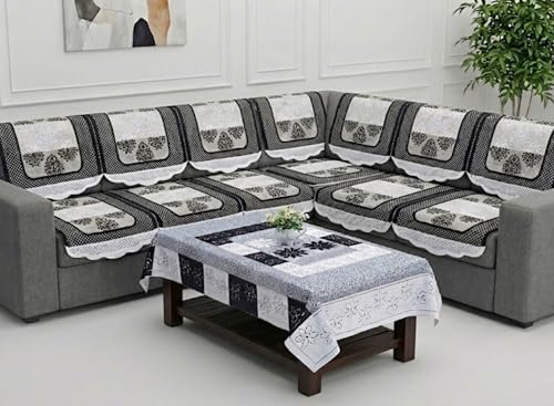 Image of Fab Nation Sofa Cover L Shape 6 Seater with Corner L Type Fully Covered Sofa Set for Living Room | Cotton Sofa Slipcovers for 3 + 3 Seaters Cover with 1 Table Cover | Black