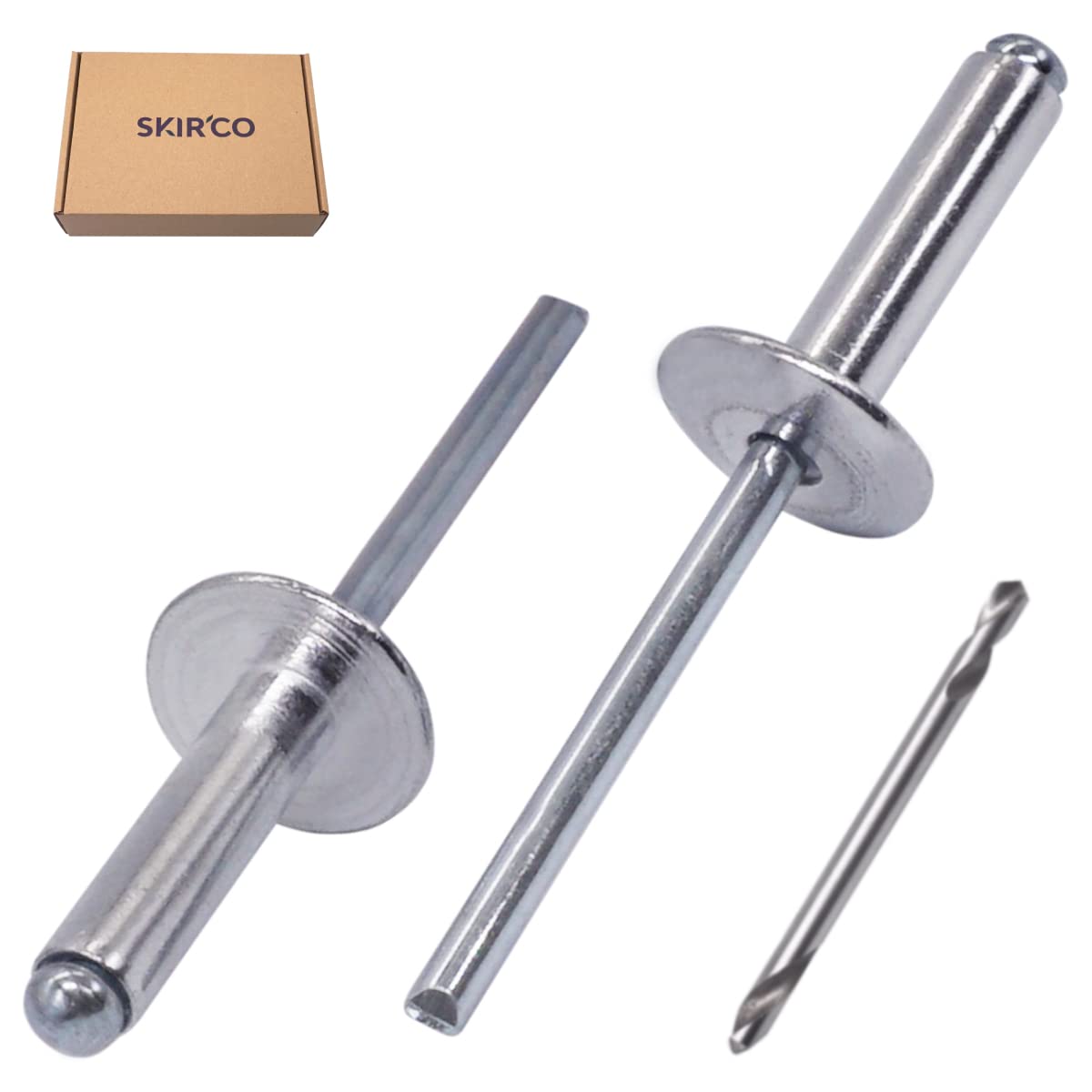 SKIR'CO Remaches ciegos de aluminio con brida grande (300 piezas) 5.0 x 20 mm, mandril de acero, broca incluida