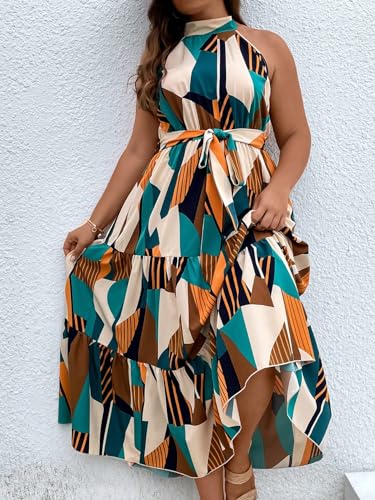 Image of Floerns Women's Plus Size Boho Sleeveless Halter Neck Tie Back A Line Long Dress