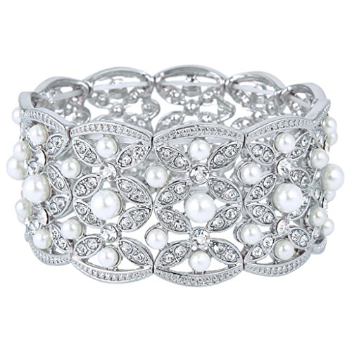 EVER FAITH Austrian Crystal Ivory Color Simulated Pearl Bridal Leaf Stretch Bracelet Clear Silver-Tone