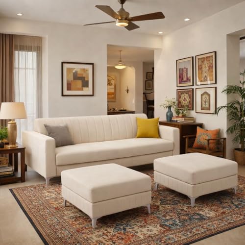 Image of Amelia 5 Seater L Shape Sofa Set with 2 Movable Ottomans | Flexible Layout | Rich Velvet Suede Fabric | Silver Legs | Spacious Soft Touch Seating | Modern Sofa for Living Room (Cream)
