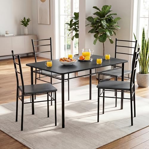 Casaria® Esstisch mit 4 Stühlen Holz 5-TLG Set Metall 110x70cm Industrial Modern Esszimmer Küche Stühle Tisch Möbel Essgruppe Sitzgruppe Leo Anthrazit