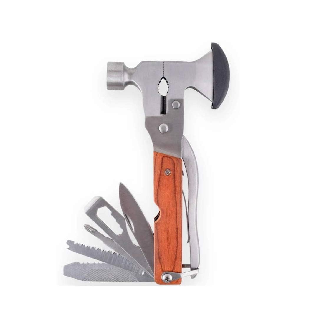 LAFILLETTE Multi-Function Hammer Tool with Foldable Knife, Screwdrivers, Saw & Bottle Opener – Portable Stainless Steel Survival Tool Kit with Wooden Handle for Camping, Emergency & DIY Use