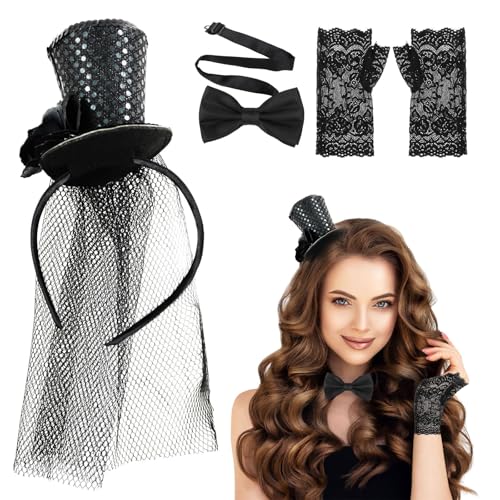 Leeelyan Set of 3 Mini Top Hat Headband Set with Lace Gloves and Black Bow Tie, Black Top Hat Headband, Carnival Party Headdress Accessories, for Halloween, Carnival, Cosplay Costume Accessories