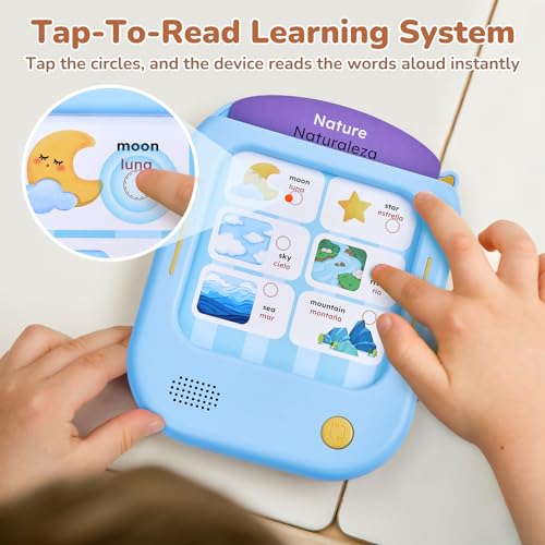 Image of JoyCat Bilingual Kids Learning Tablet, 106 Pages Spanish & English Talking Cards with 20 Interactive Games, Montessori Toy for Alphabet, Words, Numbers, Colors & Songs, Learning Gifts for Toddler 2-6