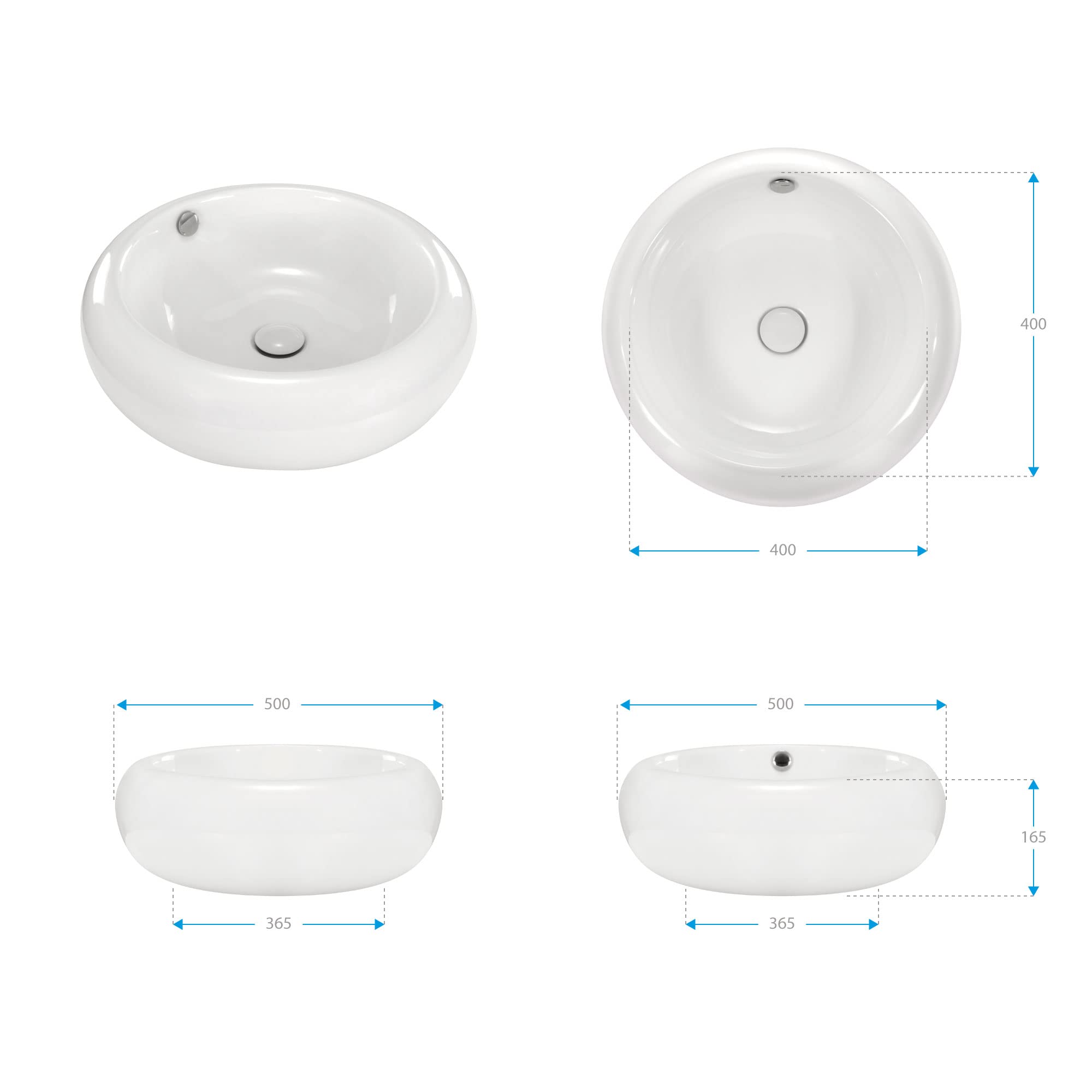 Lavabo sobre Encimera Redondo en Ceramica Brillante TENA | 50x50x16,5 cm | Incluye Tapon "Pop Up" con Valvula de Desague Click Clack | Sin Taladro Grifo | Color Blanco