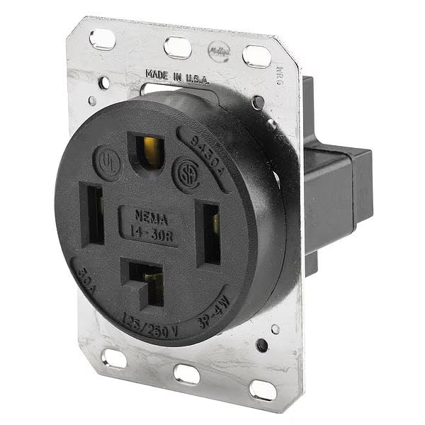 Receptacle, 30 A Amps, 125/250V AC, Flush Mount, Single Outlet, 14-30R, Black