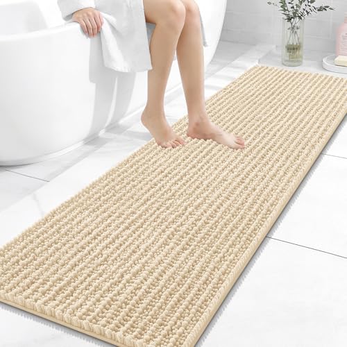 Image of OLANLY Long Bathroom Rugs Runner 59x20, Thick Soft and Absorbent Chenille Bath Mat, Non-Slip, Machine Washable Quick Dry Bath Rugs for Tub Shower Floor, Home Decor Accessories, Beige