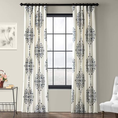 Image of HPD Half Price Drapes Floral Damask Printed Curtains 84 Inches Long Luxury Damask Cotton Curtain (1 Panel) Room Darkening Window Curtains for Bedroom & Living Room, 50W x 84L, Floral Blue Damask
