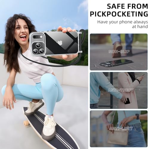 GOODVISH Handykette für iPhone 17 Pro Hülle mit Band, Kameraschutz und Bildschirmschutz, Necklace Handyhülle mit Schnur Schutzhülle für zum Umhängen Transparent Case mit Kordel 6.3", Schwarz 2