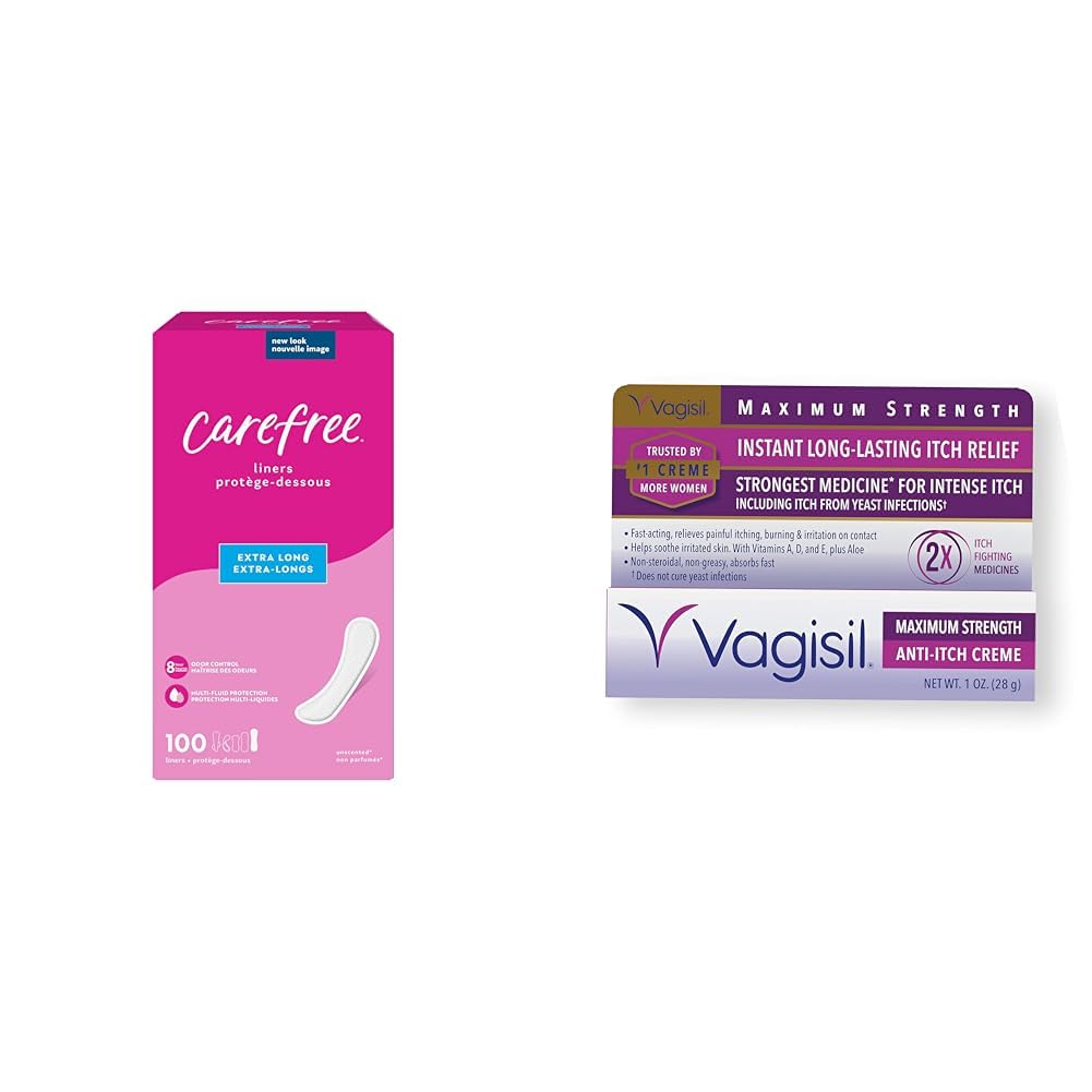 Protectores diarios Carefree (100 unidades) y crema antipicazón Vagisil de máxima potencia, paquete de cuidado femenino