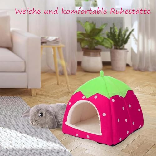 MXYZQDE Meerschweinchen Bett, Kuscheliges Winterhaus für Meerschweinchen Zubehoer, Pinke Erdbeerhöhle Mit Weichem Polster Meerschweinchen Zubehör, Ideal Als Hasenbett Und Ratten Zubehör