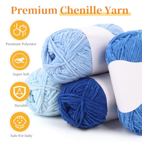 Image of Coopay Skinny Chenille Yarn for Crocheting and Knitting, 12 Pack of 50g /1.76oz - 1764yd Total, Soft Velvet Yarn of Baby Weights - Suitable for Baby Blankets, Plush Toys - Super Soft (Blue Gradient)