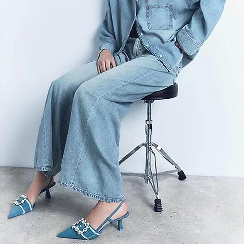 Women's Rhinestone Pointed Toe Denim Kitten Heels,Slip On Slingback Low Heel Mule Pumps Evening Party Wedding Dress Shoes4