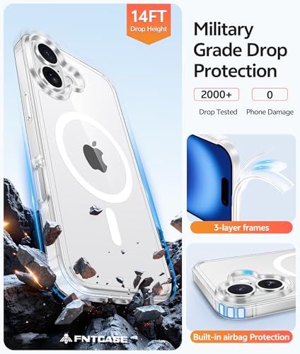 Image of FNTCASE for iPhone 16 Plus Case: [Compatible with Magsafe] [Screen Protector] Anti Yellowing Transparent Clear Magnetic Phone Cover - Military Grade Shockproof Drop Proof Protective Cases - Clear