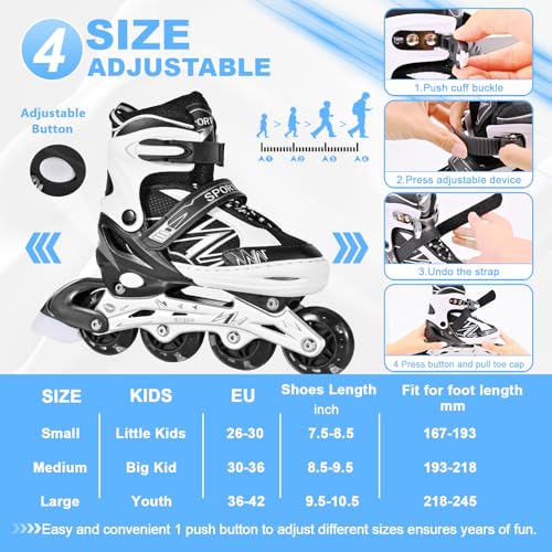 Miniatura 2 de Duzskj Patines En Línea Ajustables Para Niños Y Niñas Con Ruedas De Iluminación, Patines Ajustables Para Niños, Para Principiantes, Niños, Juegos Al Aire Libre En Interiores Negro Blanco, M