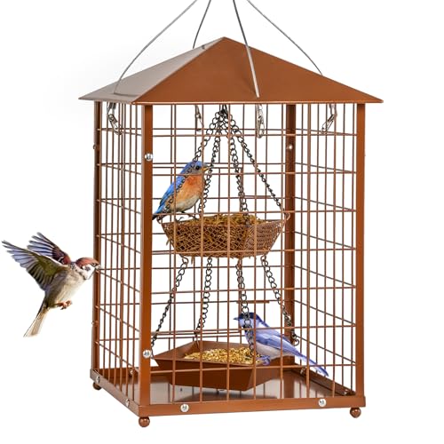 Mealworms Bird Feeders for Bluebirds - Metal - Huge Caged Squirrel-Proof Bird Feeders with 2 Cups, DIY Wild Bird Feeders Outdoor Hanging (Brown), Attract Wild Birds, 2lbs Seed Capacity+1 Mealworms Cup