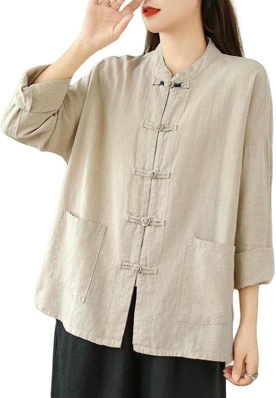 Women's Shirt Spring Autumn Loose Fit Cotton Linen Chinese Style Literary Retro Top