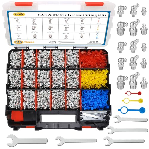 Image of 315 PCS Grease Fittings Assortment, SAE & Metric Zerk Grease Fittings Straight 45 90 Degree with Plastic Grease Fitting Cap, Wrench Kit(7-11mm) for Grease Gun Included, Red Box