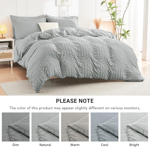 Image of HYMOKEGE Light Grey Oversized Queen Comforter Set Seersucker 7 Pieces, All Season Luxury Bed in a Bag for Bedroom, Bedding Set with Comforter, Sheets, Pillowcases & Shams