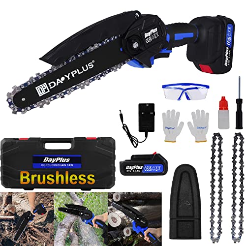 Cordless Mini Chainsaw Brushless, 6 Inch Portable Electric Chainsaw Handheld Chain Saw Pruning Shears Chainsaw with 1500mAh Battery & 2 Chains for Branch Wood Cutting Garden Tree Logging Trimming