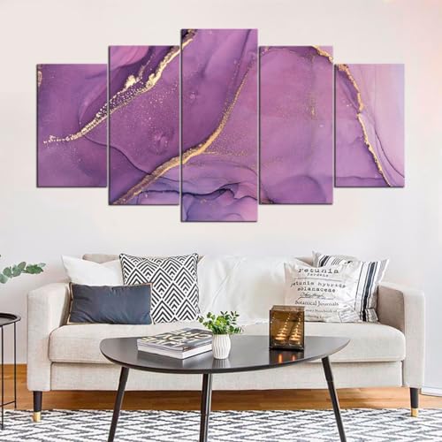 Poster mural marbre violet abstrait, décoration murale salon design 5 parties 200x100