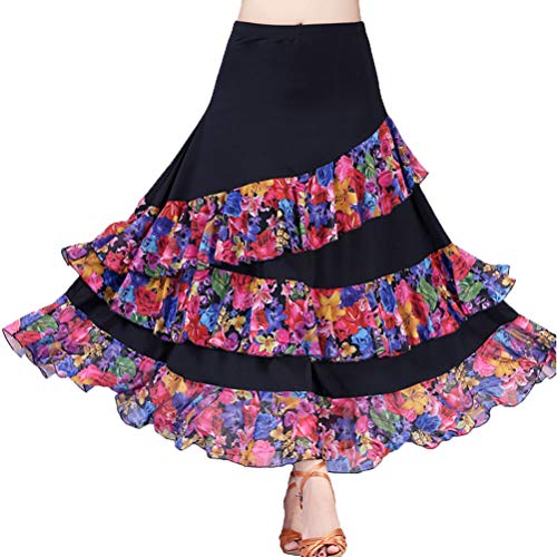 Falda de Baile de Práctica de Salón Vals Moderno Tango Suave Trajes de Baile de Salón Trajes de Flamenca Impreso para Mujeres,Negro Cover