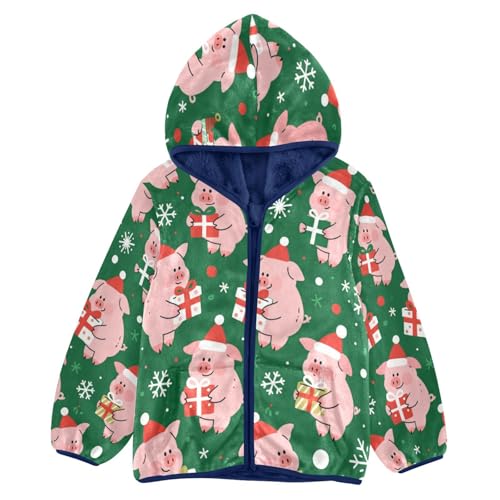 Pig Christmas Gifts on Green Toddler Fleece Jacket Girl Boys Hooded Fleece Jacket Coat Warm Outwear Zip-up 3-10T