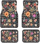Premium Linen Boho Car Floor Mats Full Set, Vintage Floral Design | Waterproof & non-slip all-weather mats, universal fit for SUV Sedan, luxury car interior accessories for men and women
