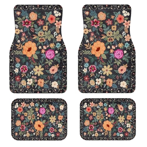 Zynvos Premium Linen Boho Car Floor Mats Full Set Vintage Floral Design