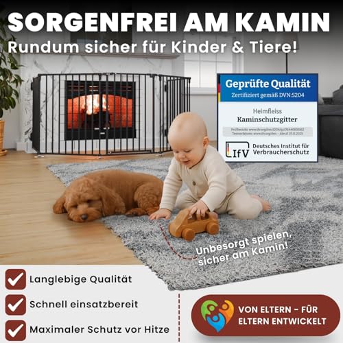 Heimfleiss® Kaminschutzgitter Baby mit Sicherheitsverschluss | Ofenschutzgitter für Kinder & Hunde | Ofengitter Kinderschutz aus Stahl | Verwendbar als Kamingitter, Treppenschutzgitter & Türgitter