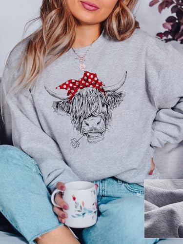 Women Highland Cow Sweatshirt Cute Cowgirl Gift Christmas Farm Sweatshirt Ribbon Long Sleeve Shirts