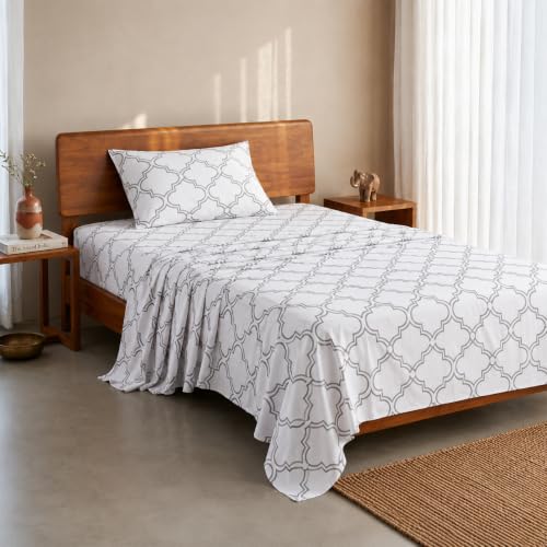 Image of LANE LINEN 100% Organic Cotton Bedsheet for Single Bed - Trellis Silver | GOTS Certified, Percale Weave, 60x90 inches, Soft & Breathable, Machine Washable, Includes 1 Pillow Cover