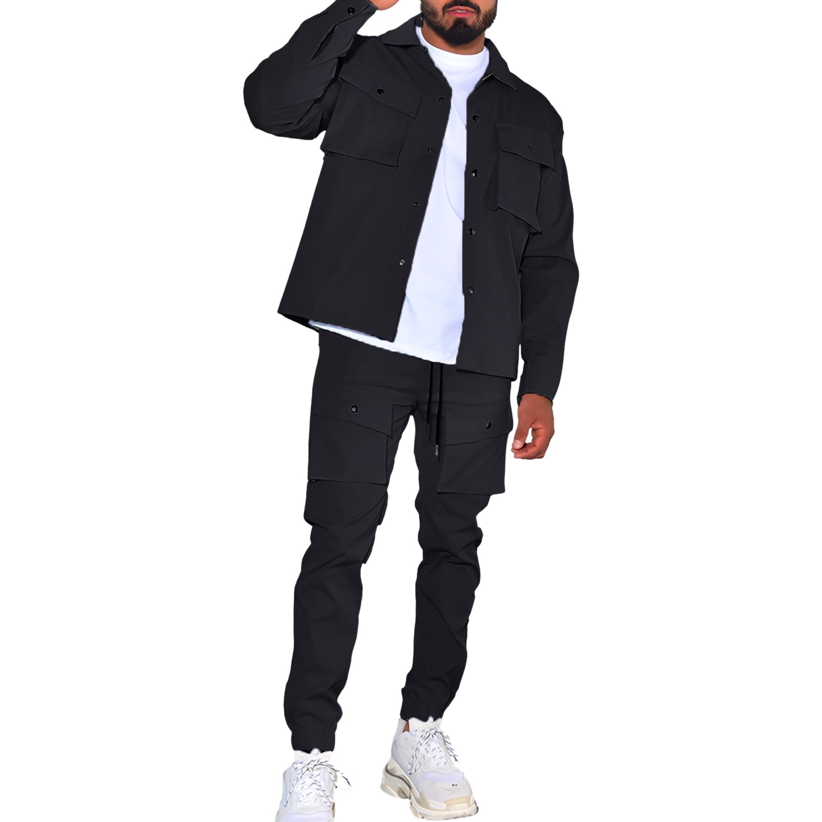 amropi Hommes Ensemble de Survêtement Veste à Boutons et Pantalons Cargo Jogging Combinaison avec Poches