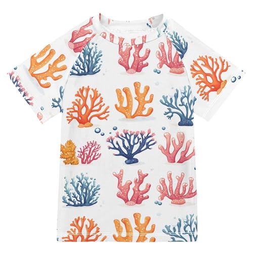 Cute Coral White Bathing Suit Kids Short Sleeves Girls Swimsuit with Rashguard Swimwears Athletic Tops for Kids Boys 4T