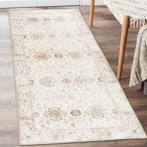 ReaLife Rugs Machine Washable Area Rug Runner - Living Room Bedroom Bathroom Kitchen Entryway Office - Padded Low Pile Stain Resistant Premium - Boho Farmhouse Vintage - BEV - Beige 2'6' x 8'